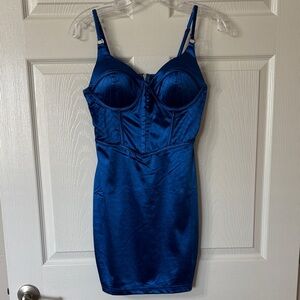 Elegant Blue Satin Women's Bodycon Dress with corset detail and molded cups Smal